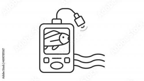 Animated fish finder line icon. Boat accessory animation. Sound wave. Deep sea. Catching fish. Fishing tackle. Loop HD video with alpha channel, transparent background. Outline motion graphic photo