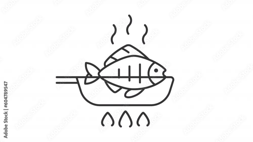Fish food icon animation. Animated line fish frying in pan. Gas stove ...