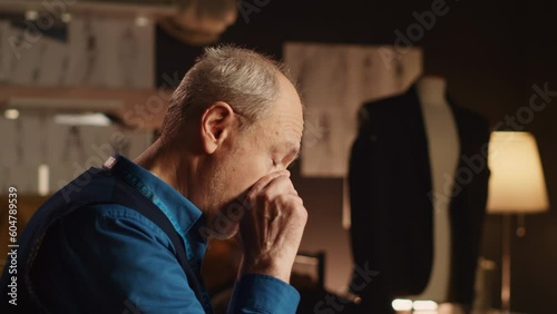 Couturier feeling frustrated in atelier while he makes custom made clothes, aiming for perfection in tailor workshop. Senior man working on fashion design, looking for inspiration.