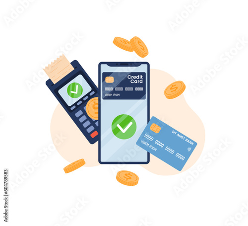 POS with check, mobile phone and plastic bank card flat style