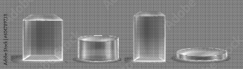 3d glass transparent clear stand podium display box isolated on background. Empty crystal pedestal platform for product showcase or presentation. Minimal realistic plastic square and cylinder stand