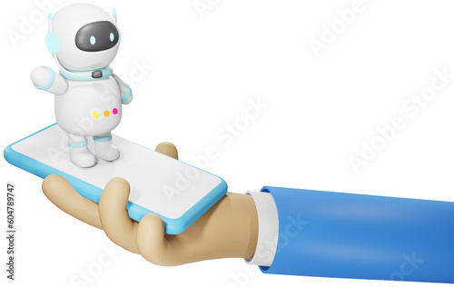 Businessman hand hold mobile with AI chat bot generate smart solution answer to user. Artificial intelligence robot answer questions provide refinement conversation and ideas. 3D PNG rendering.