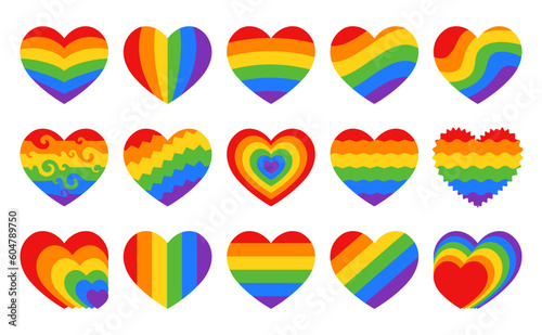 Pride text with red heart in rainbow colors of LGBTQ flag isolated on white background. Set of LGBT symbols. Vector elements for Pride Month design