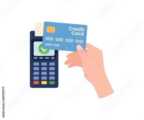 Hand holding plastic credit card over POS flat style, vector illustration