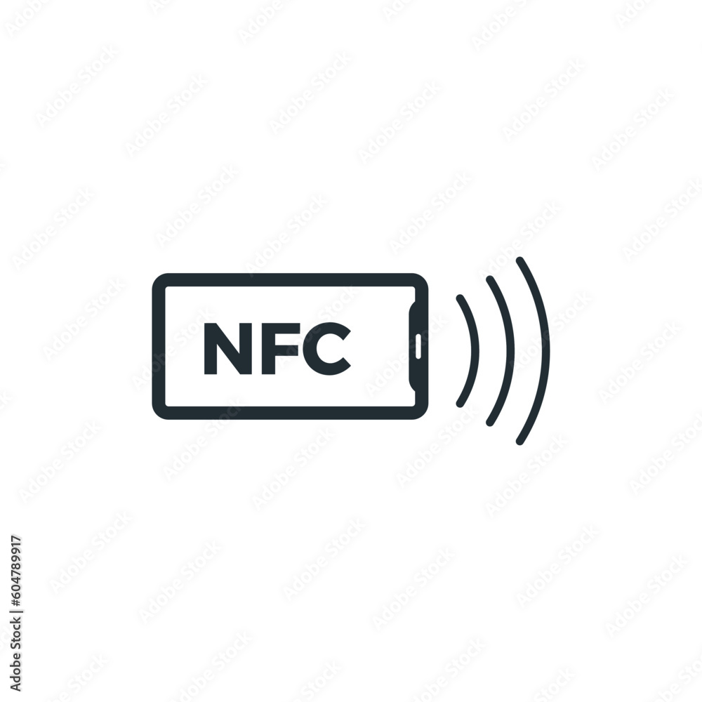 Mobile phone with NFC enabled app, black line vector illustration isolated. Mobile phone with NFC enabled app, black line vector illustration isolated.