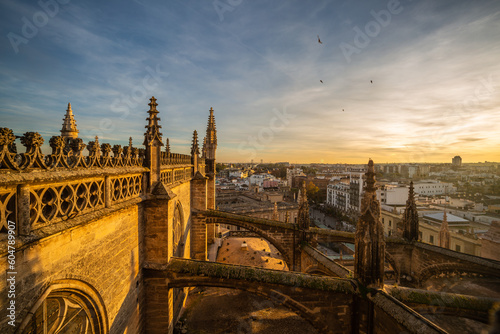 View of Seville from the rooftops of the cathedral at the sunset. Golden hour.