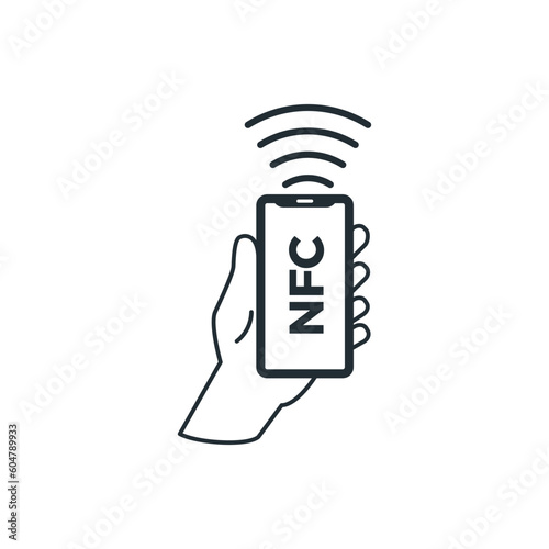 Mobile application enabled NFC wireless payments, black line vector isolated.