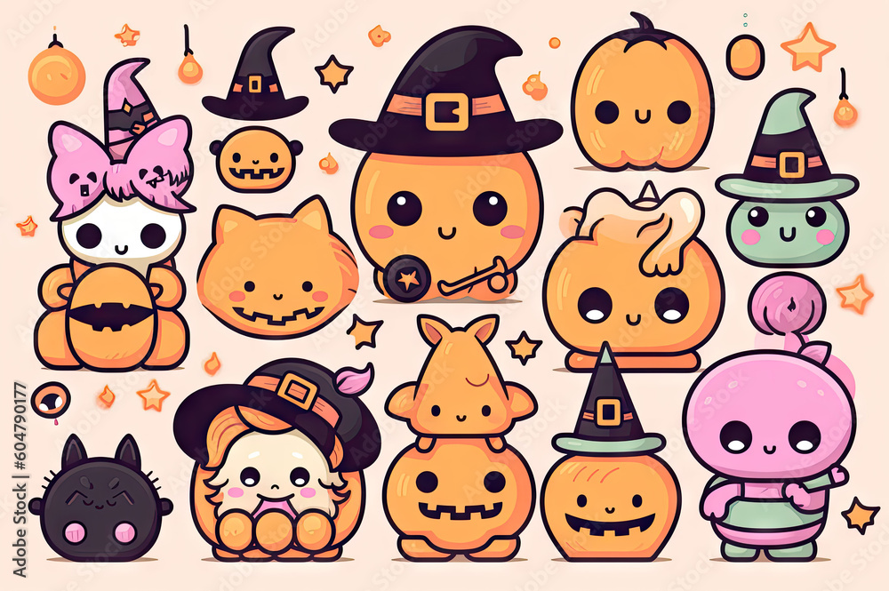 Halloween kawaii witches created with Generative AI technology Halloween kawaii witches created with Generative AI technology