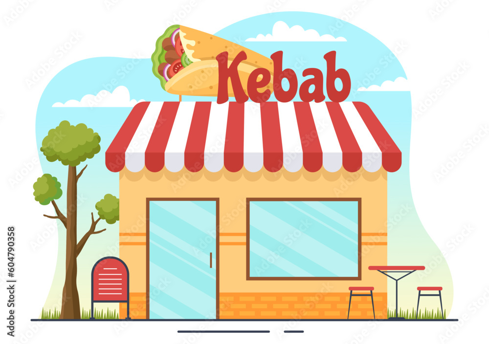 Kebab Vector Illustration with Stuffing Chicken or Beef Meat, Salad and Vegetables in Bread Tortilla Wrap in Flat Cartoon Hand Drawn Templates