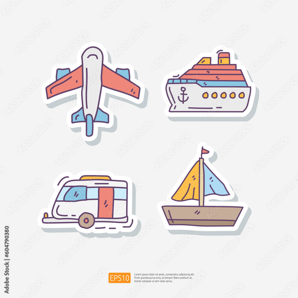 Travel Tour and Holiday Vacation Concept Vector Illustration. Airplane, Cruise Ship, Caravan, Sea Boat. Summer and Tourism Doodle Sticker Set Icon