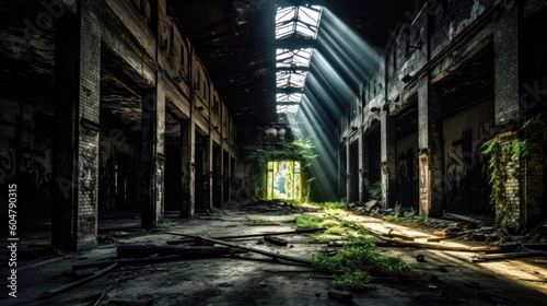 Wide angle view of an old abandoned factory building