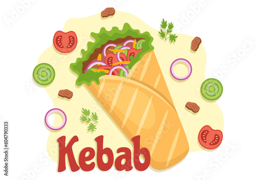 Kebab Vector Illustration with Stuffing Chicken or Beef Meat, Salad and Vegetables in Bread Tortilla Wrap in Flat Cartoon Hand Drawn Templates