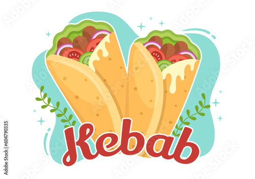 Kebab Vector Illustration with Stuffing Chicken or Beef Meat, Salad and Vegetables in Bread Tortilla Wrap in Flat Cartoon Hand Drawn Templates