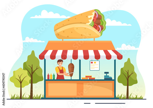 Kebab Vector Illustration with Stuffing Chicken or Beef Meat, Salad and Vegetables in Bread Tortilla Wrap in Flat Cartoon Hand Drawn Templates