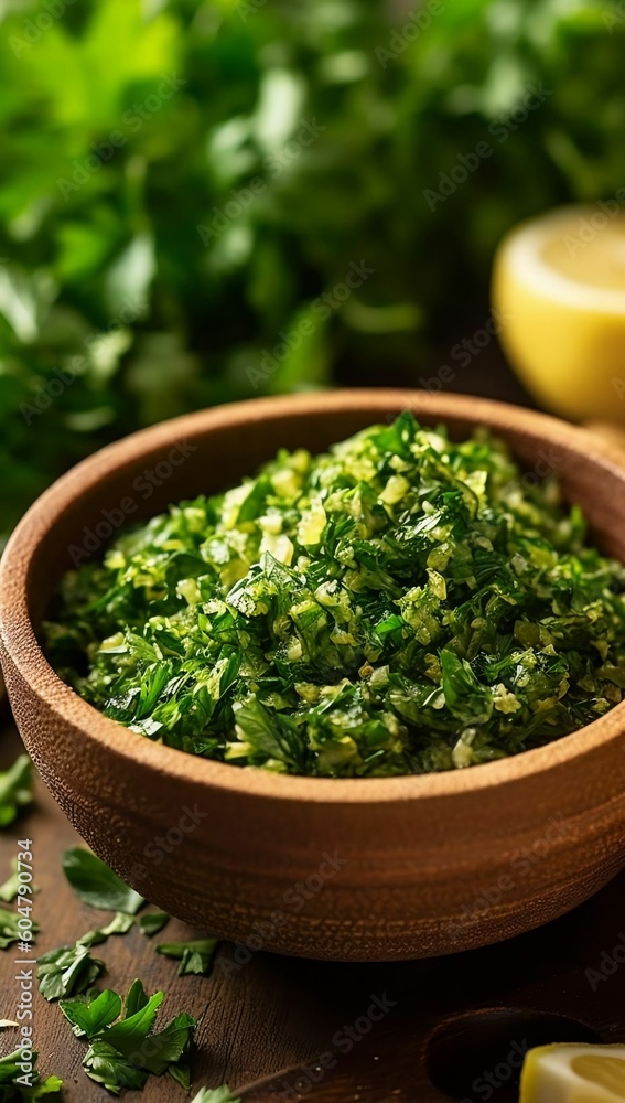 Fresh italian gremolata in a bowl over green tile generative ai variation 6 Fresh italian gremolata in a bowl over green tile generative ai variation 6