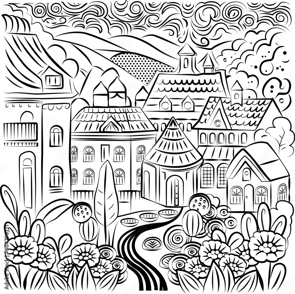 Doodle illustration with cute European houses.