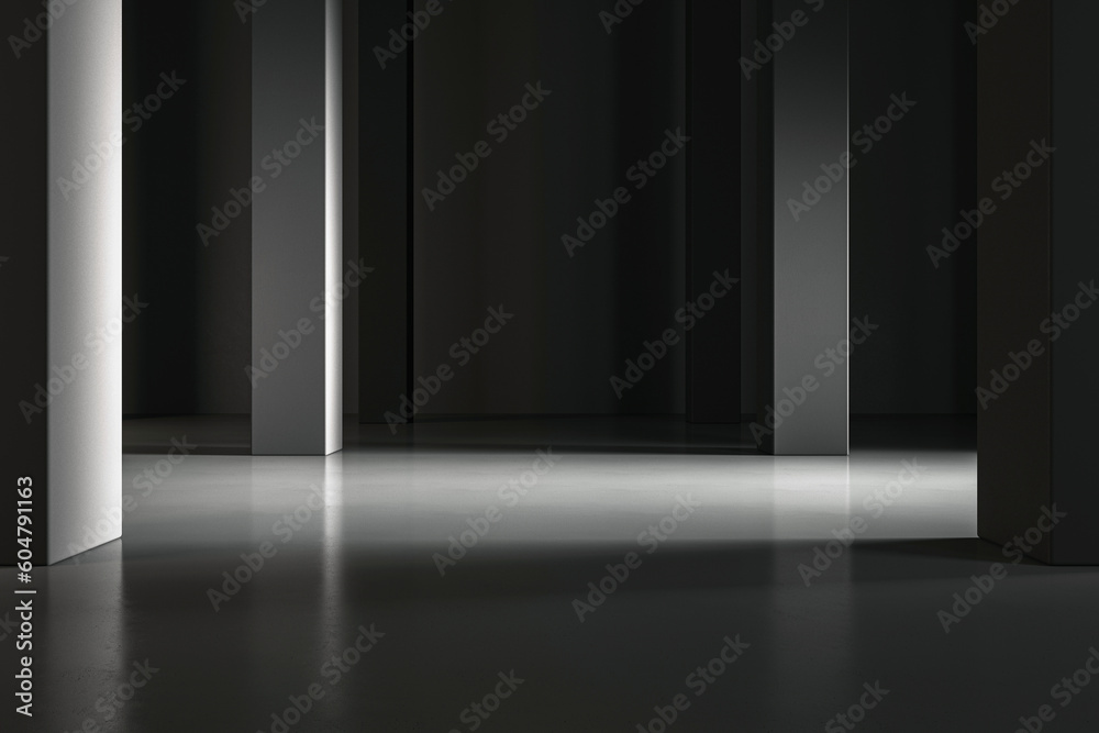 Ads campaign marketing concept with abstract lighting dark hall with grey pillars on blank concrete floor with space for your product presentation on dark wall background. 3D rendering, mockup Ads campaign marketing concept with abstract lighting dark hall with grey pillars on blank concrete floor with space for your product presentation on dark wall background. 3D rendering, mockup