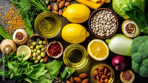 Border liver detox diet food concept, fruits, vegetables, nuts, olive oil, garlic. Cleansing the body, healthy eating. Top view, flat lay Generative AI