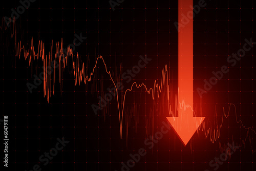 Canvas Print Economy crisis and stock market crash concept with moving down digital red financial chart candlestick and graphs and big arrow on dark background
