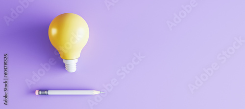 Creative lamp and pencil on wide purple background with mock up place. Idea and innovation concept. 3D Rendering. photo