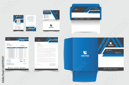 Corporate Brand Identity Mockup set with digital elements. Editable vector. Business card, Id card, envelope, File Folder, Invoice, letterhead, 