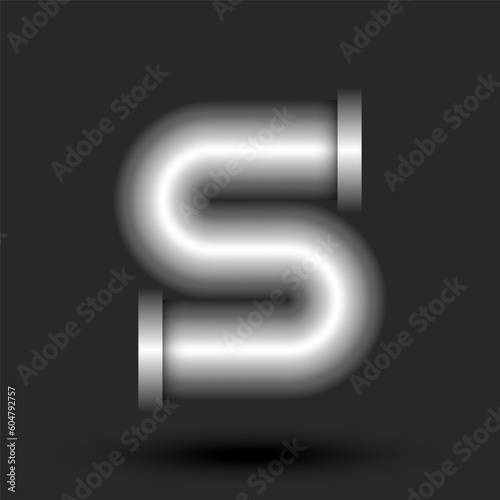 Bold letter S logo monogram 3d metallic pipe with flanges smooth shape, silver creative industrial tech logomark, typography design element.