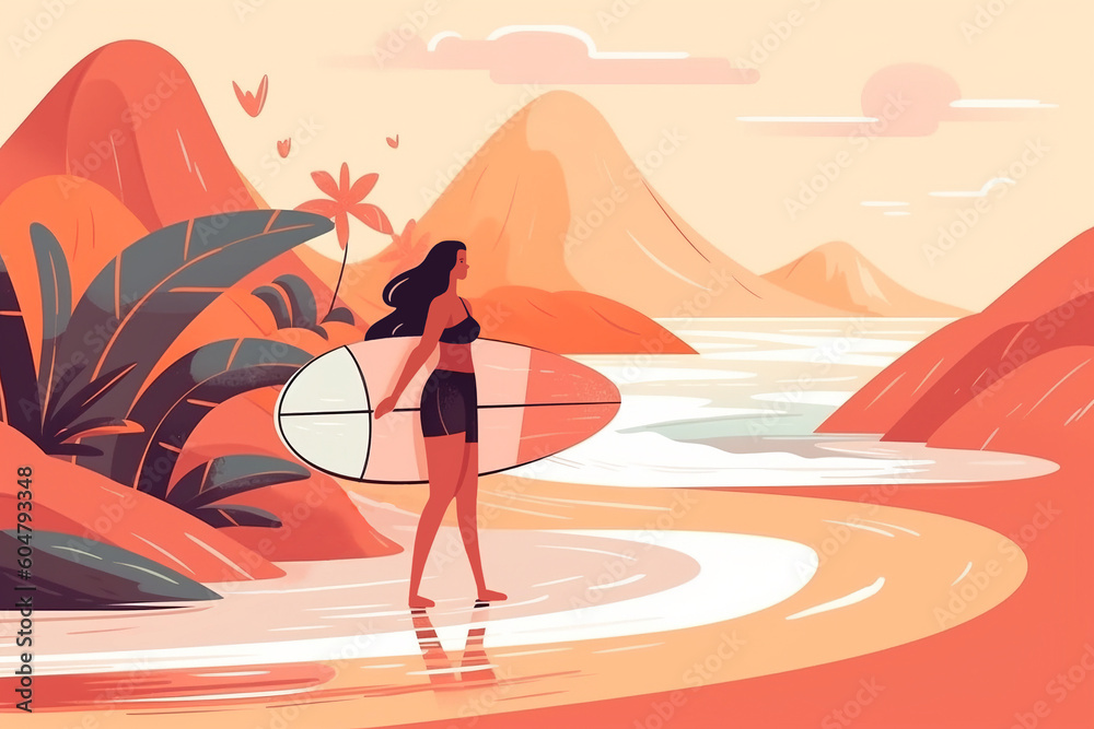 Generative AI. cute funny girl in swimsuit surfing in the sea or ocean. happy surfer in beachwear with surfboard on sunset background. Colorful flat cartoon vector illustration.