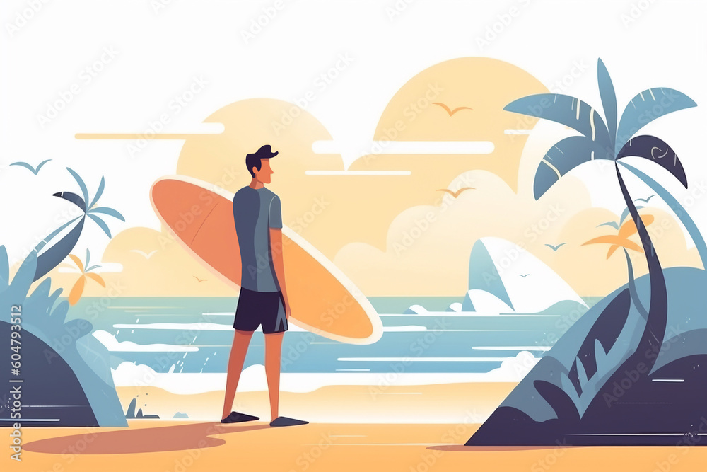Generative AI. Surfing people. Surfer standing on a surfboard, surfers on the beach and summer waves riders on surfboards vector illustration 