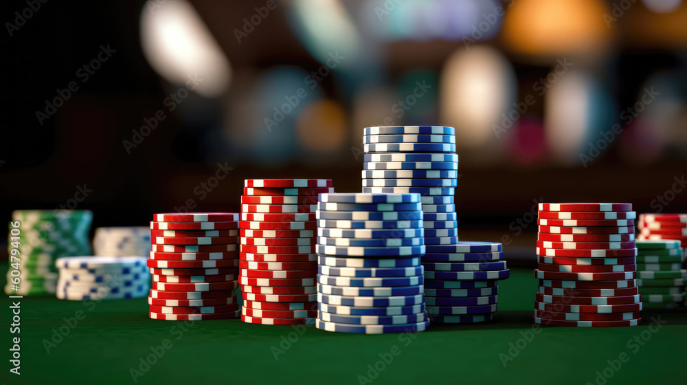 Poker chips on green table in casino