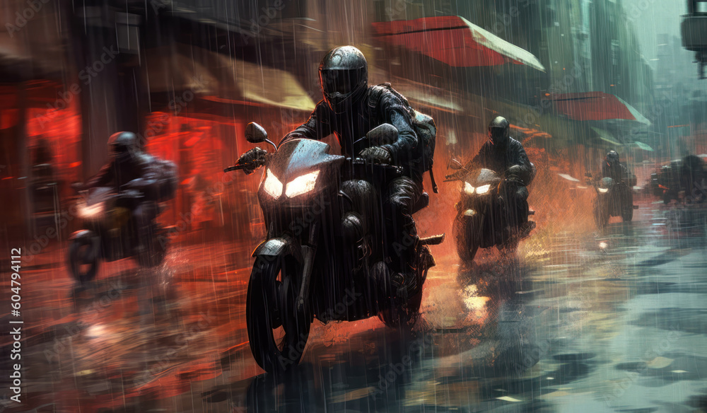 Motorcyclists on the streets of the city in the rain