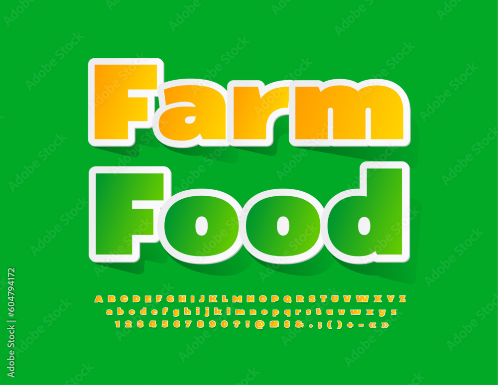 Vector eco banner Farm Food. Modern Sticker Font. Creative glossy Alphabet Letters and Numbers Vector eco banner Farm Food. Modern Sticker Font. Creative glossy Alphabet Letters and Numbers