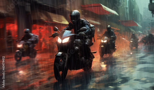 Motorcyclists on the streets of the city in the rain © Lohan