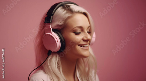 Blond Girl Women headphones listening to music and singing Fictive Person Pink Background Poster - AI Generated
