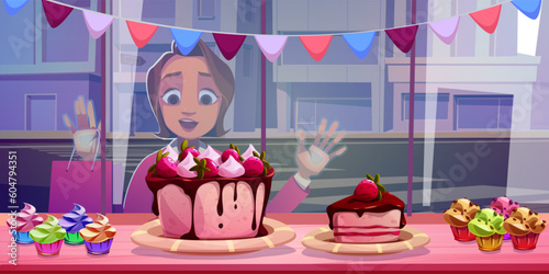 Hungry woman looking at desserts through confectionery window. Vector cartoon illustration of female character admiring appetizing strawberry cake, delicious muffins, colorful sweet cupcakes in shop