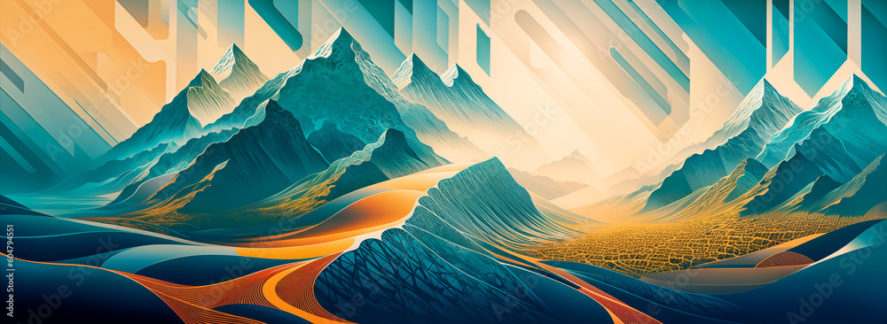 Obraz premium Beyond the Horizon: A Futuristic Journey through Surreal Mountainscapes.