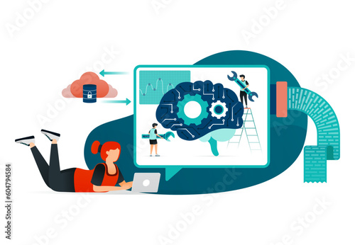 Illustration of education with artificial intelligence. Students do exams or homework with the help of AI. for website, web, poster