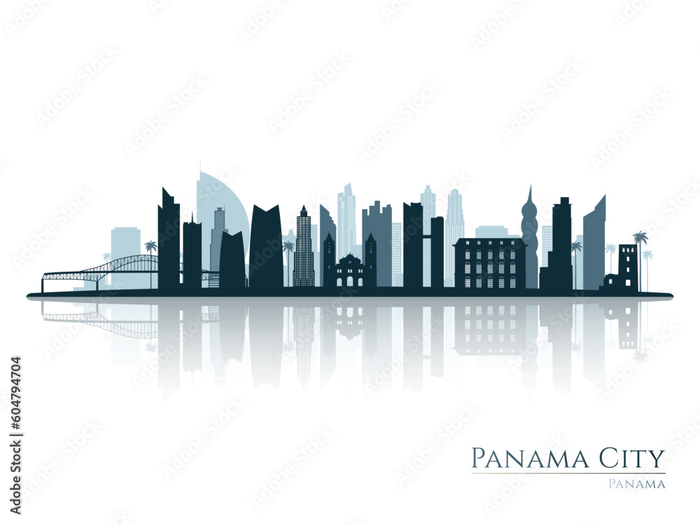 Panama City skyline silhouette with reflection. Landscape Panama City. Vector illustration.