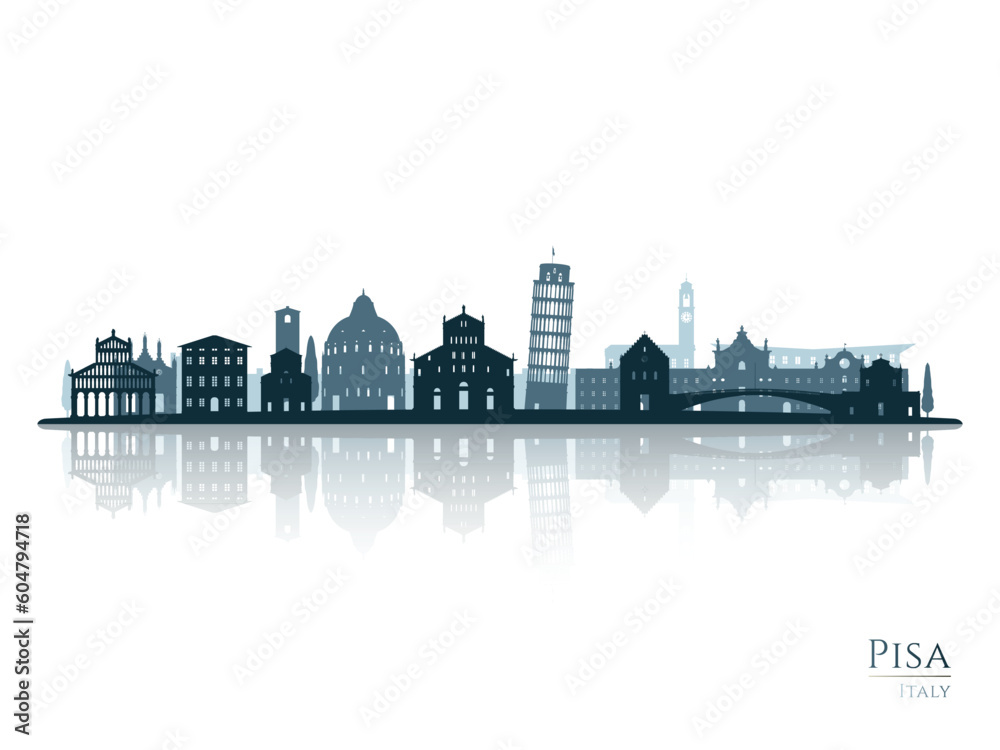 Pisa skyline silhouette with reflection. Landscape Pisa, Italy. Vector illustration.