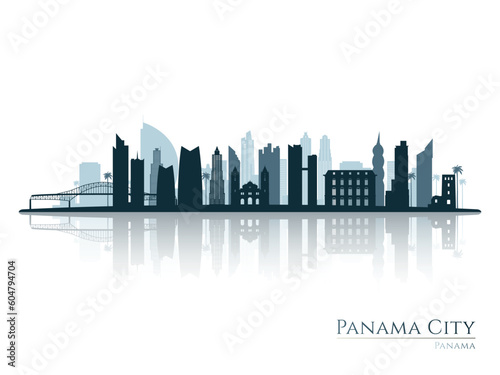 Panama City skyline silhouette with reflection. Landscape Panama City. Vector illustration.