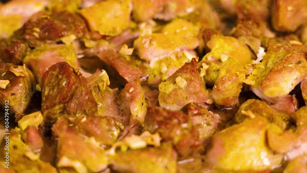 Fried pieces of braised poultry turkey close up Fried pieces of braised poultry turkey close up