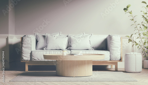 3d Illustration - Skandinavisches, nordisches Wohnzimmer mit einem Sofa und einem Tisch. - Textfreiraum - Platzhalter - Retro Look photo