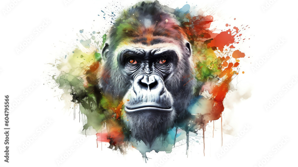 AI Generated: Intense Strength - Hyper-Realistic Watercolor Artwork of a Powerful Gorilla in a Lush Jungle. Captivating Eyes and Muscular Build Bring Life to this Artistic Masterpiece. Generative AI.