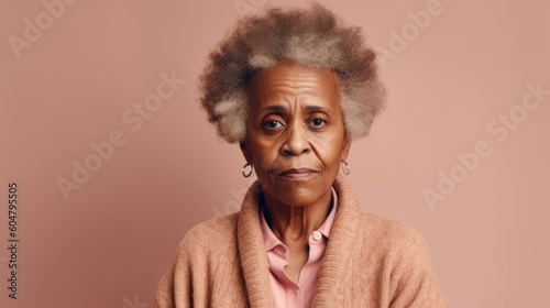 An afro senior woman looking sad and upset. Generative AI