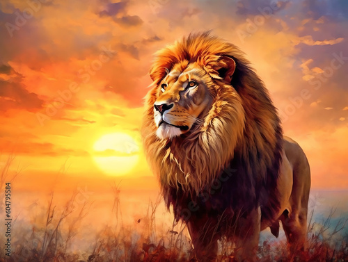 AI Generated  Majestic Lion in Hyper-Realistic Watercolor Artwork. Dramatic Sunset Setting with Intricate Details. Fluidity and Vibrancy in the Lion s Mane. Captivating Wildlife Art. Generative AI.