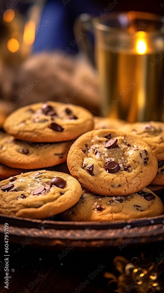 AI Generated: Close-Up of Freshly Baked Chocolate Chip Cookies on Rustic Tray. Golden Edges and Oozing Melted Chocolate. Indulge in the Comfort of this Classic Treat. Generative AI.