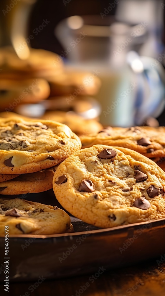 AI Generated: Close-Up of Freshly Baked Chocolate Chip Cookies on Rustic Tray. Golden Edges and Oozing Melted Chocolate. Indulge in the Comfort of this Classic Treat. Generative AI. AI Generated: Close-Up of Freshly Baked Chocolate Chip Cookies on Rustic Tray. Golden Edges and Oozing Melted Chocolate. Indulge in the Comfort of this Classic Treat. Generative AI.