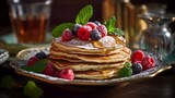 AI Generated: Fluffy Pancakes with Melting Butter, Drizzled in Golden Maple Syrup. Fresh Berries, Mint Leaves, and a Dusting of Powdered Sugar Create a Dreamy Ambiance. Generative AI.