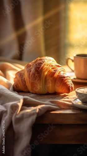 AI Generated: Whimsical Layers of a Golden Croissant, Delicate Mood with Rustic Props. Soft Lighting Enhances the Pastel Colors. Elegant Presentation. Generative AI.