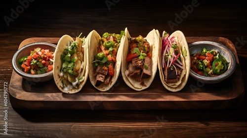 AI Generated: Tempting Trio of Flavorful Tacos - Grilled Chicken, Marinated Beef, and Vegetarian Options. Topped with Fresh Salsa, Avocado, and Cilantro on a Rustic Wooden Board. Generative AI.