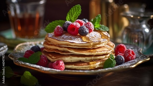AI Generated: Fluffy Pancakes with Melting Butter, Drizzled in Golden Maple Syrup. Fresh Berries, Mint Leaves, and a Dusting of Powdered Sugar Create a Dreamy Ambiance. Generative AI.